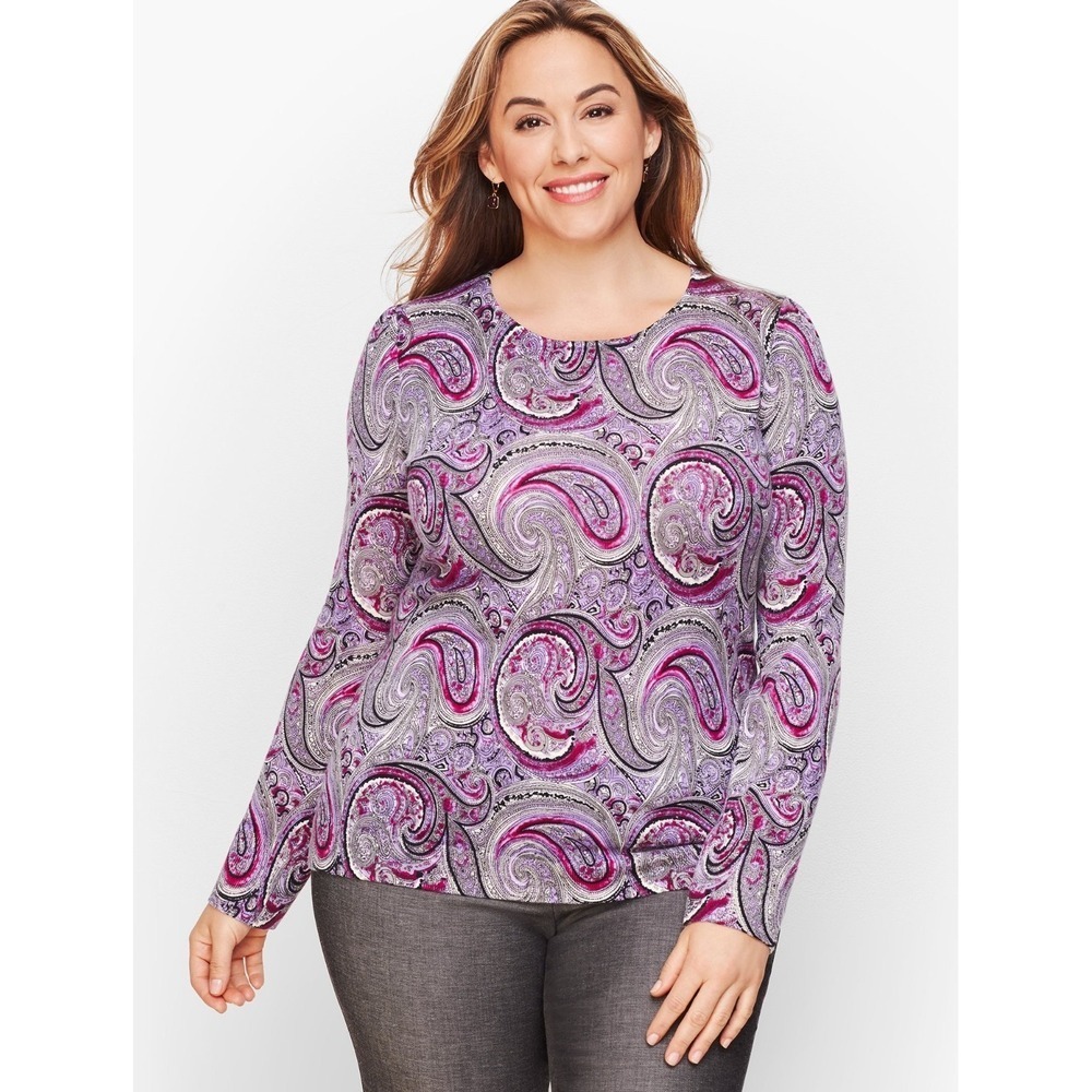 Talbots Sweater Soft Knit Purple 100% Pure Merino Wool Paisley Top Size 1X